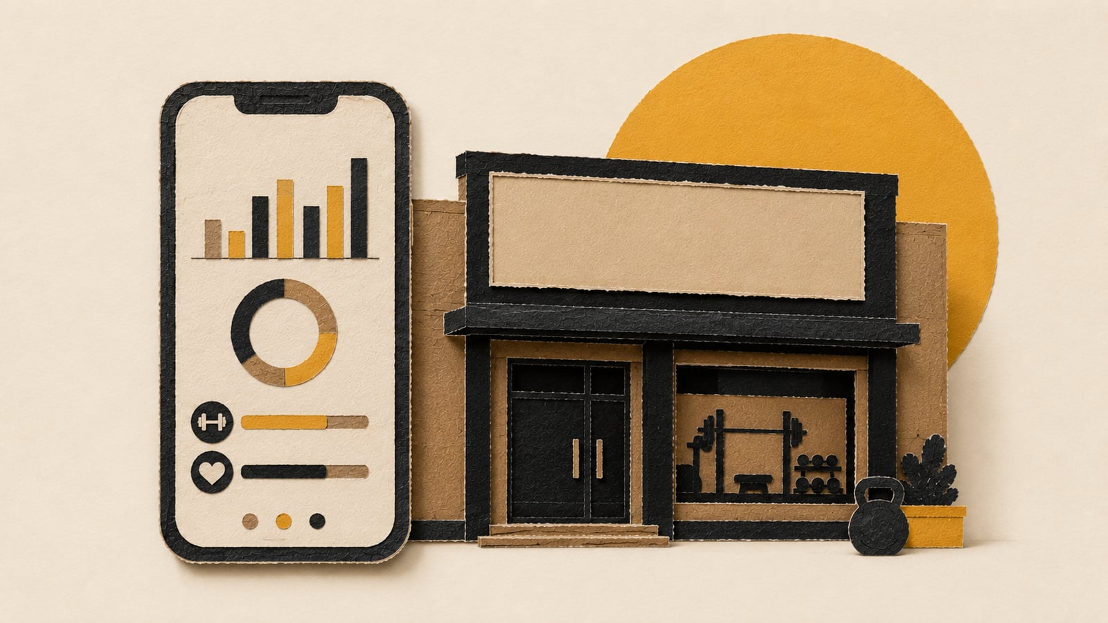 Colagem de papel rasgado de um celular de papel exibindo uma interface abstrata de app de treino em barras e anéis, ao lado da fachada de um prédio de academia com a placa completamente em branco, fundo off-white com um círculo amarelo dourado deslocado atrás do prédio, ilustrando a academia com app que ainda precisa de site