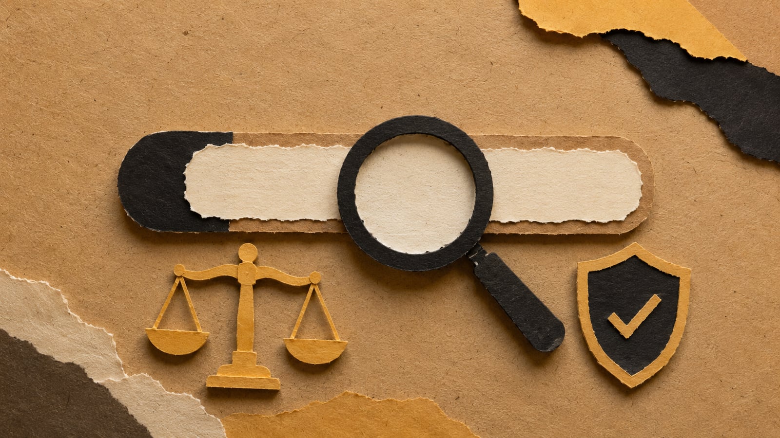 Colagem de papel de uma lupa sobre o nome de um escritório de advocacia em uma tela de busca, sobre os cuidados éticos da divulgação digital de advogados segundo a OAB