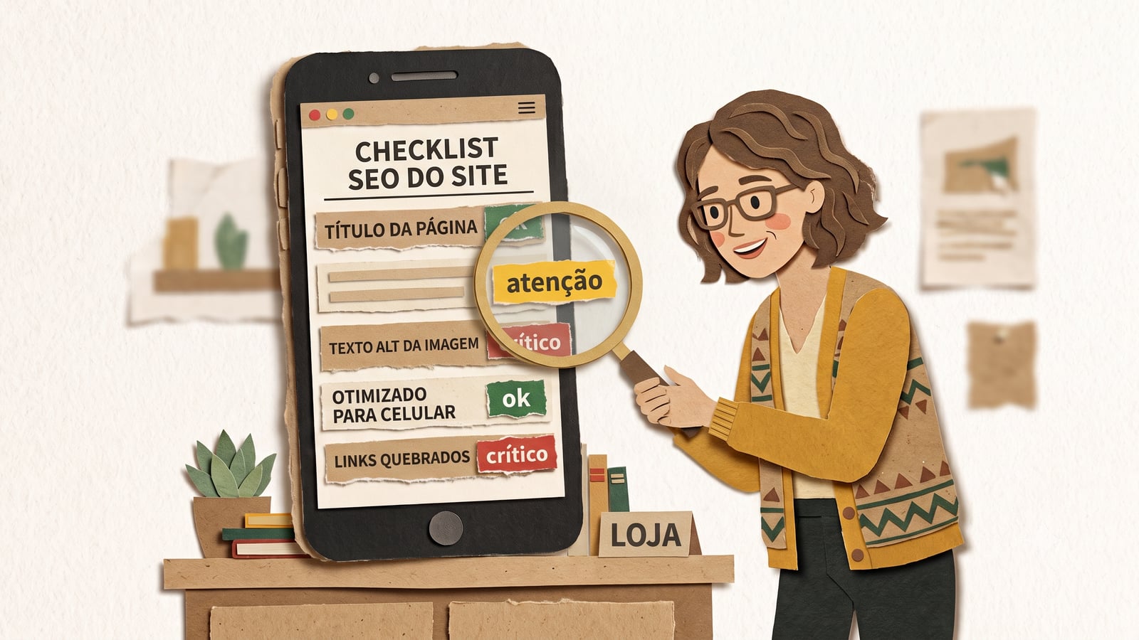 Colagem de papel de um dono de negócio conferindo com uma lupa os pontos de SEO do próprio site numa tela de celular, sobre como analisar o SEO do site sozinho