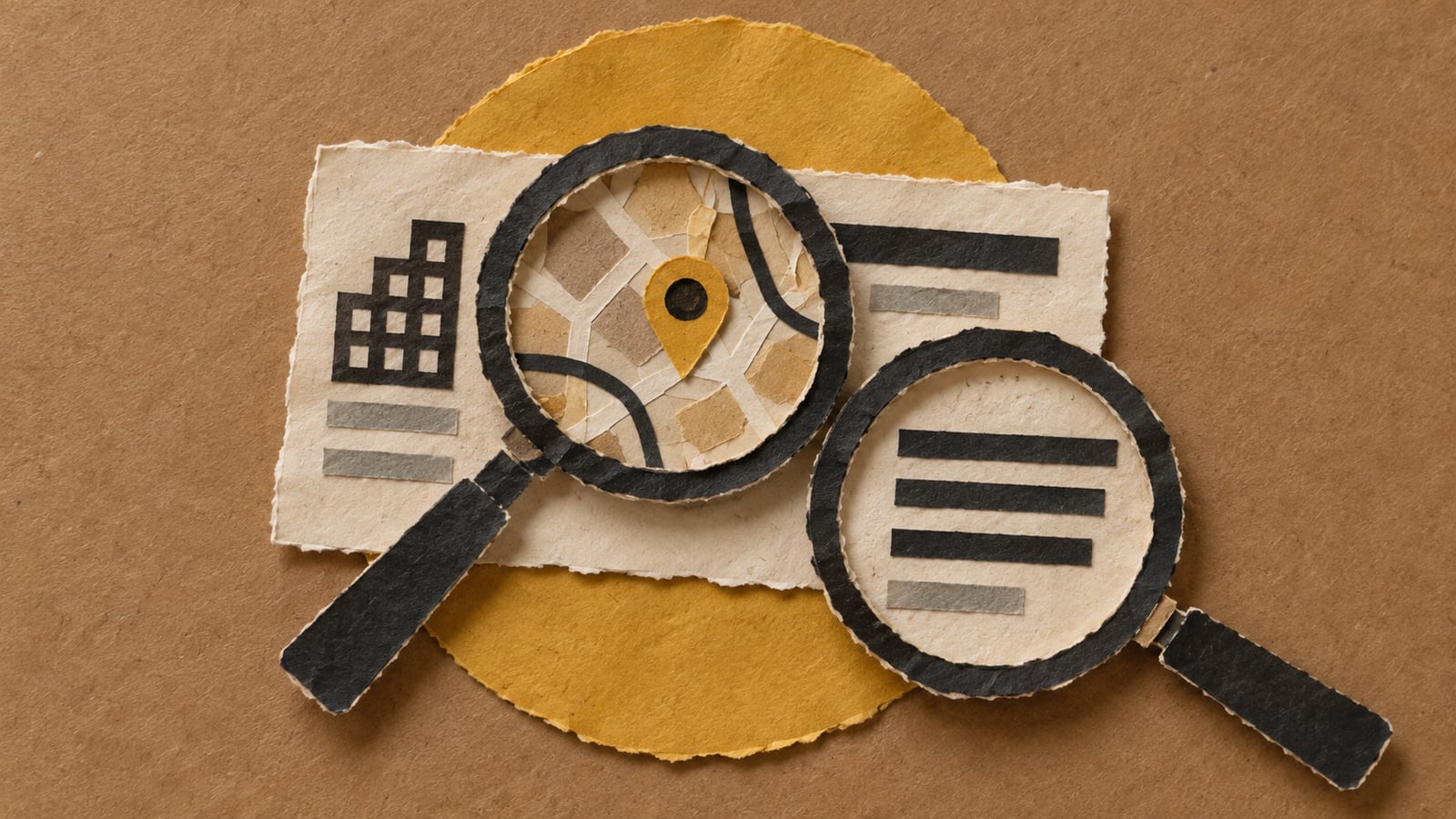 Colagem de papel com duas lupas sobre a mesma ficha de empresa local, uma mostrando um mapa e a outra um bloco de resposta, sobre como o jeito de buscar muda o resultado do Google