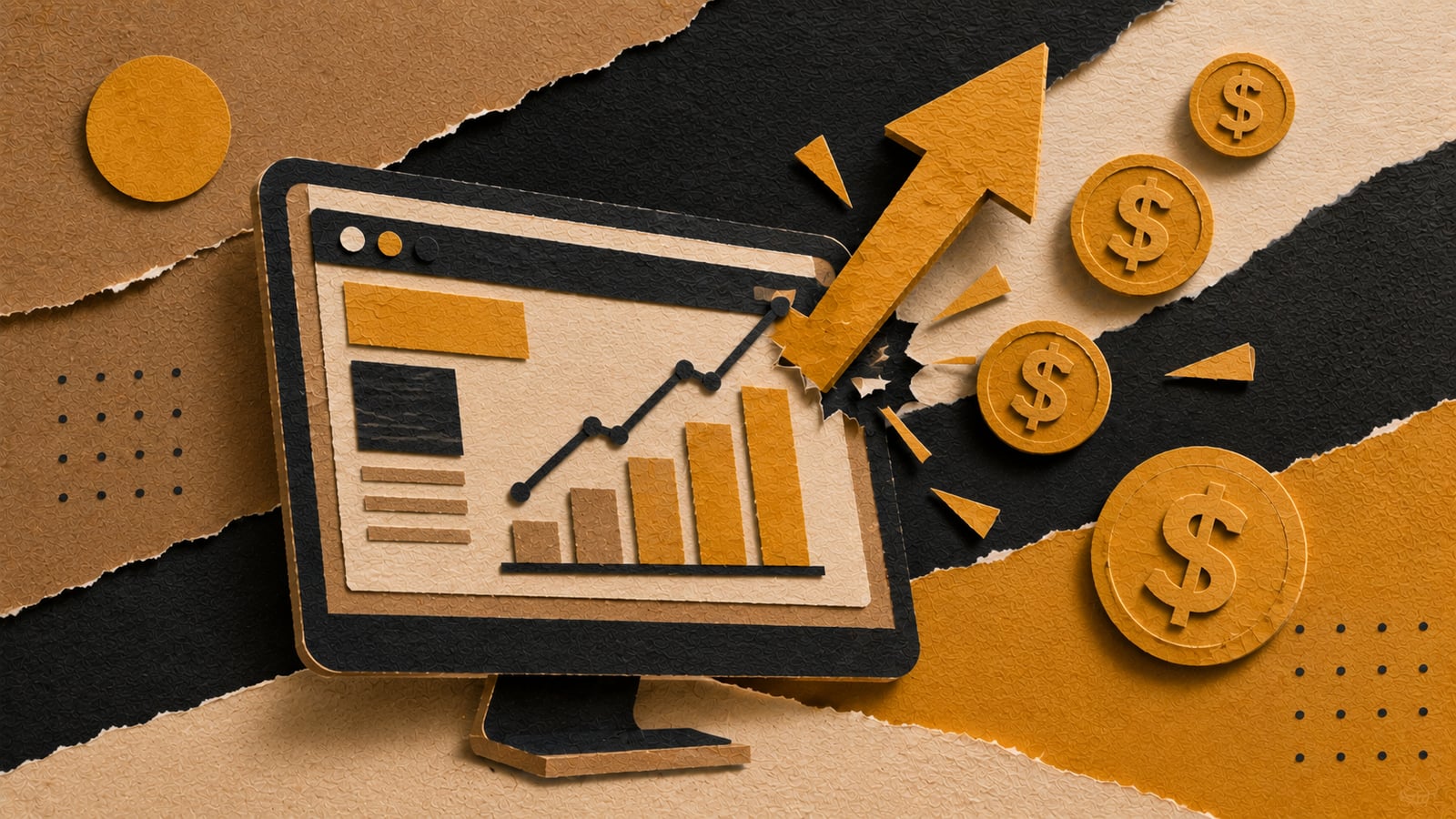 Colagem de papel de um monitor com gráfico subindo e cifrões, sobre site subindo no Google e captando clientes no Rio de Janeiro