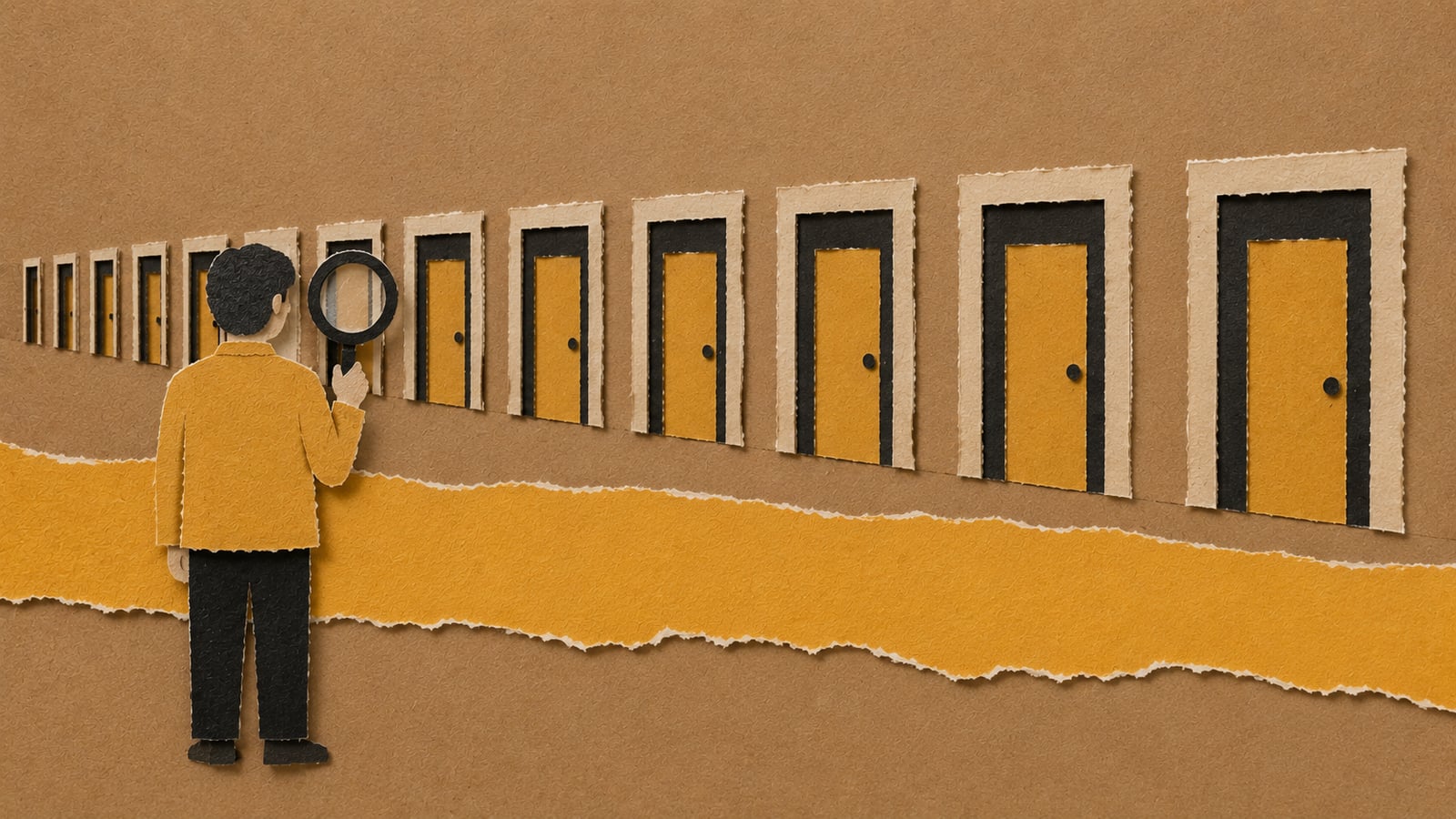 Colagem de papel rasgado de uma figura de papel vista de costas segurando uma lupa diante de uma longa fileira de portas fechadas iguais, fundo marrom kraft com uma faixa horizontal rasgada amarelo dourada no terço inferior, ilustrando onde o paciente procura consultório antes de marcar uma consulta