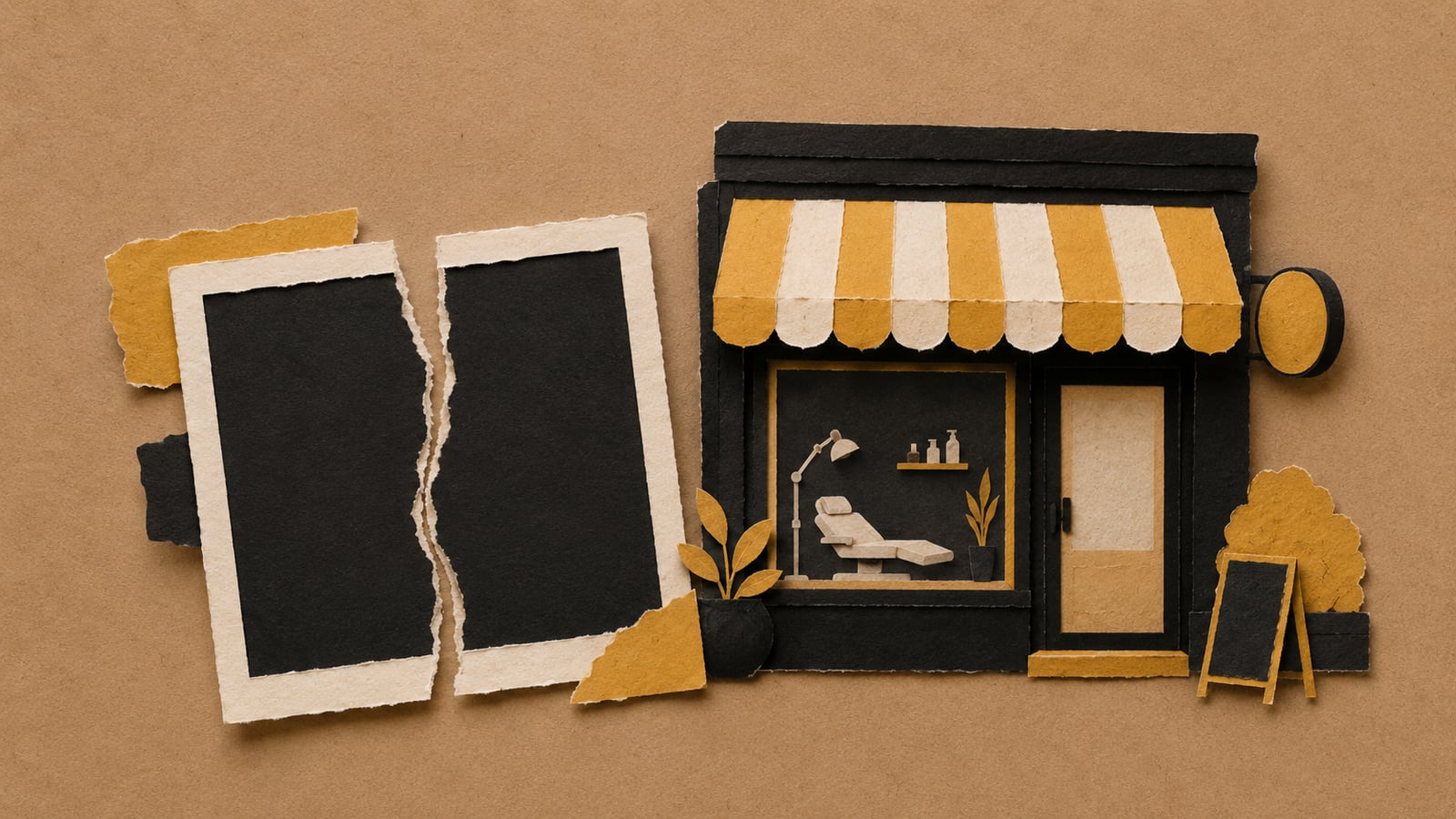Colagem de papel rasgado de uma moldura de foto de rede social partida ao meio, ao lado da vitrine bem montada de uma clínica de estética, sobre o Instagram sozinho bastar para atrair clientes