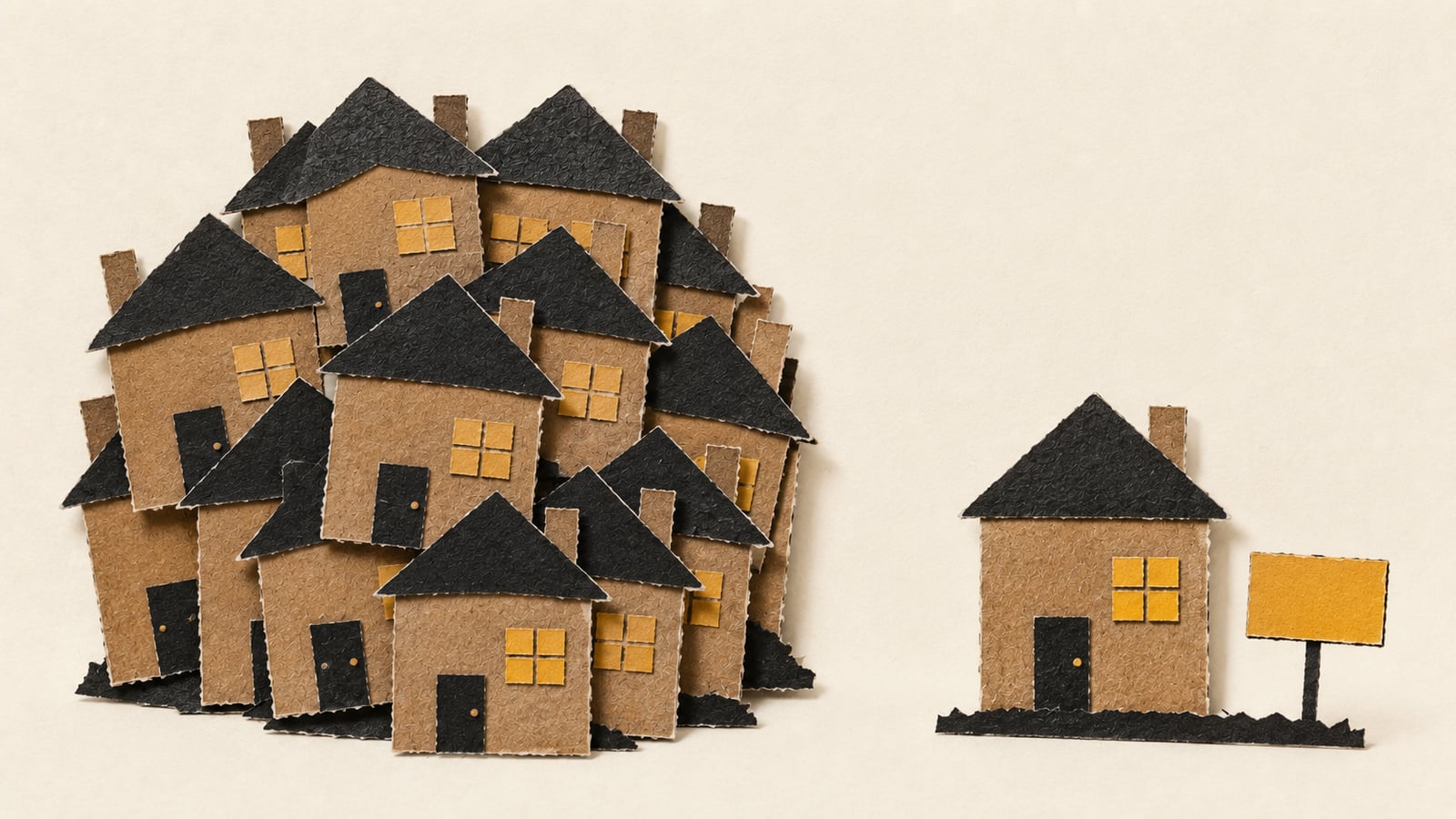 Colagem de papel rasgado com uma pilha densa de casinhas de papel idênticas amontoadas de um lado e, do outro, uma única casa de papel com uma plaquinha de jardim em branco fincada na frente, ilustrando a imobiliária escolhendo entre anunciar só no portal ou também ter site próprio, sobre fundo off-white liso