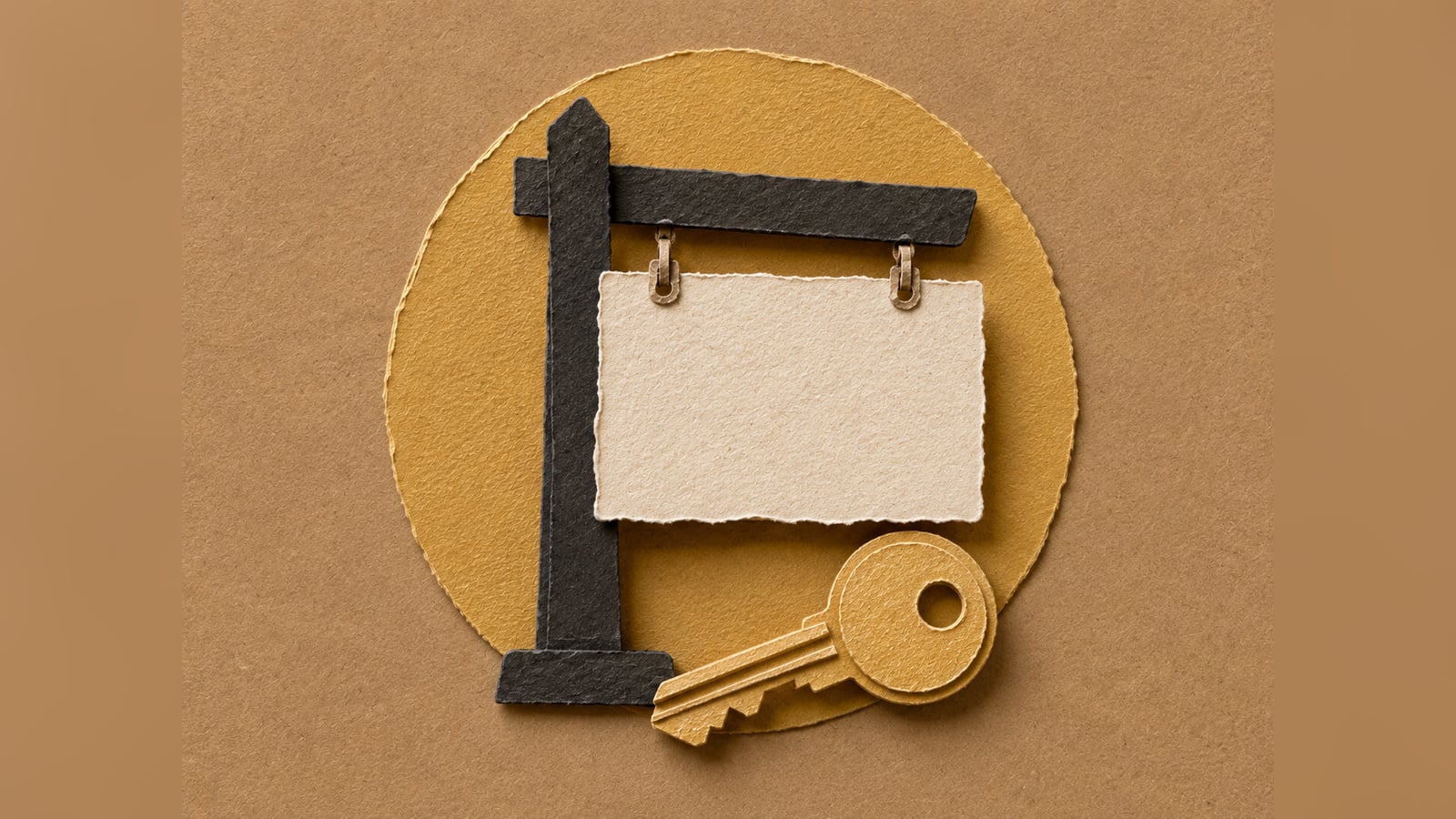 Colagem de papel rasgado com uma placa de vende-se e uma chave dourada sobre fundo kraft, representando marketing para corretor de imóveis e a busca por imóveis na internet