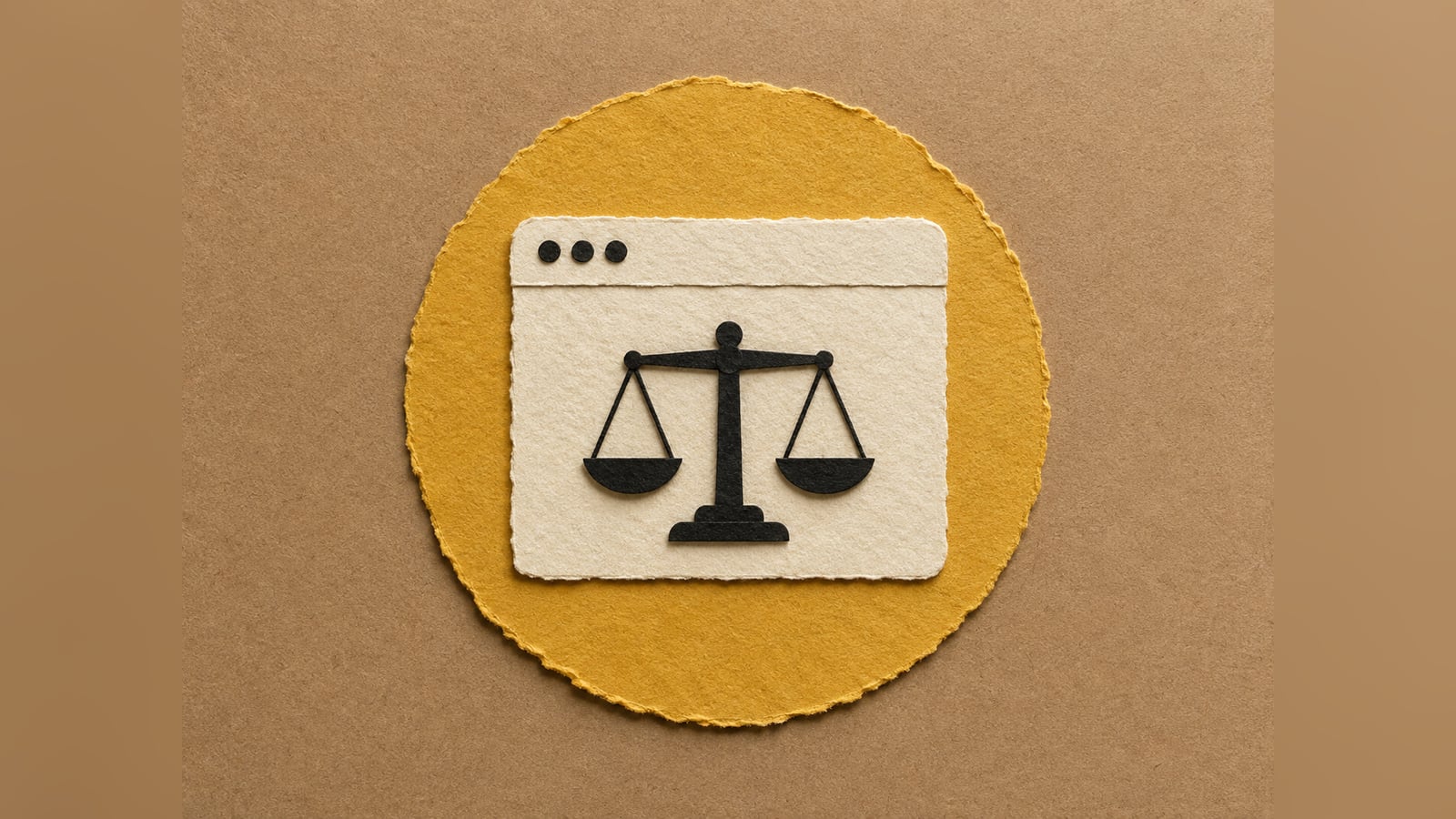 Colagem de papel rasgado com uma janela de navegador em papel off-white e uma balança da justiça preta dentro dela, sobre um círculo dourado, representando o site como canal principal do marketing digital para advogados