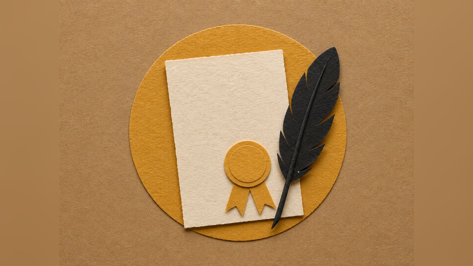 Colagem de papel rasgado com um selo dourado sobre um documento off-white e uma pena preta, sobre fundo kraft, representando as regras da OAB para marketing jurídico