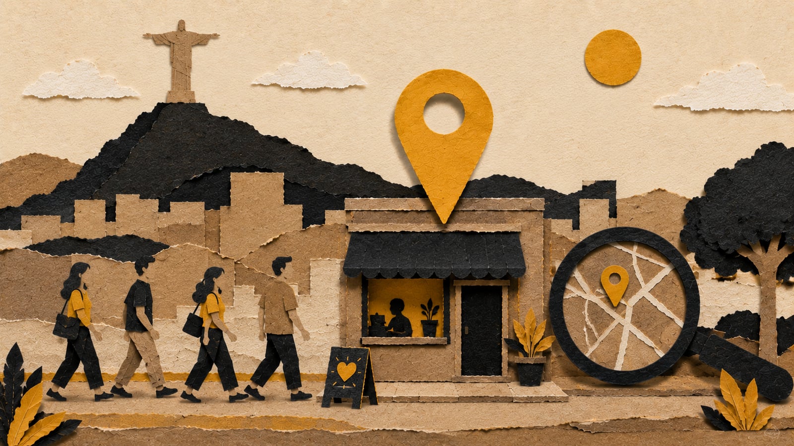 Ilustração em colagem de papel de uma loja com pin de mapa e lupa no Rio de Janeiro, sobre como aparecer no Google Meu Negócio