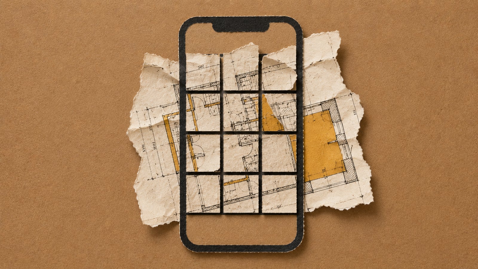 Colagem de papel rasgado de uma prancha grande de projeto arquitetônico, vincada e espremida dentro de uma pequena grade vertical de miniaturas quadradas em formato de celular, com as bordas da prancha transbordando para fora da grade, sobre fundo marrom kraft liso, ilustrando os erros do portfólio de arquitetura online