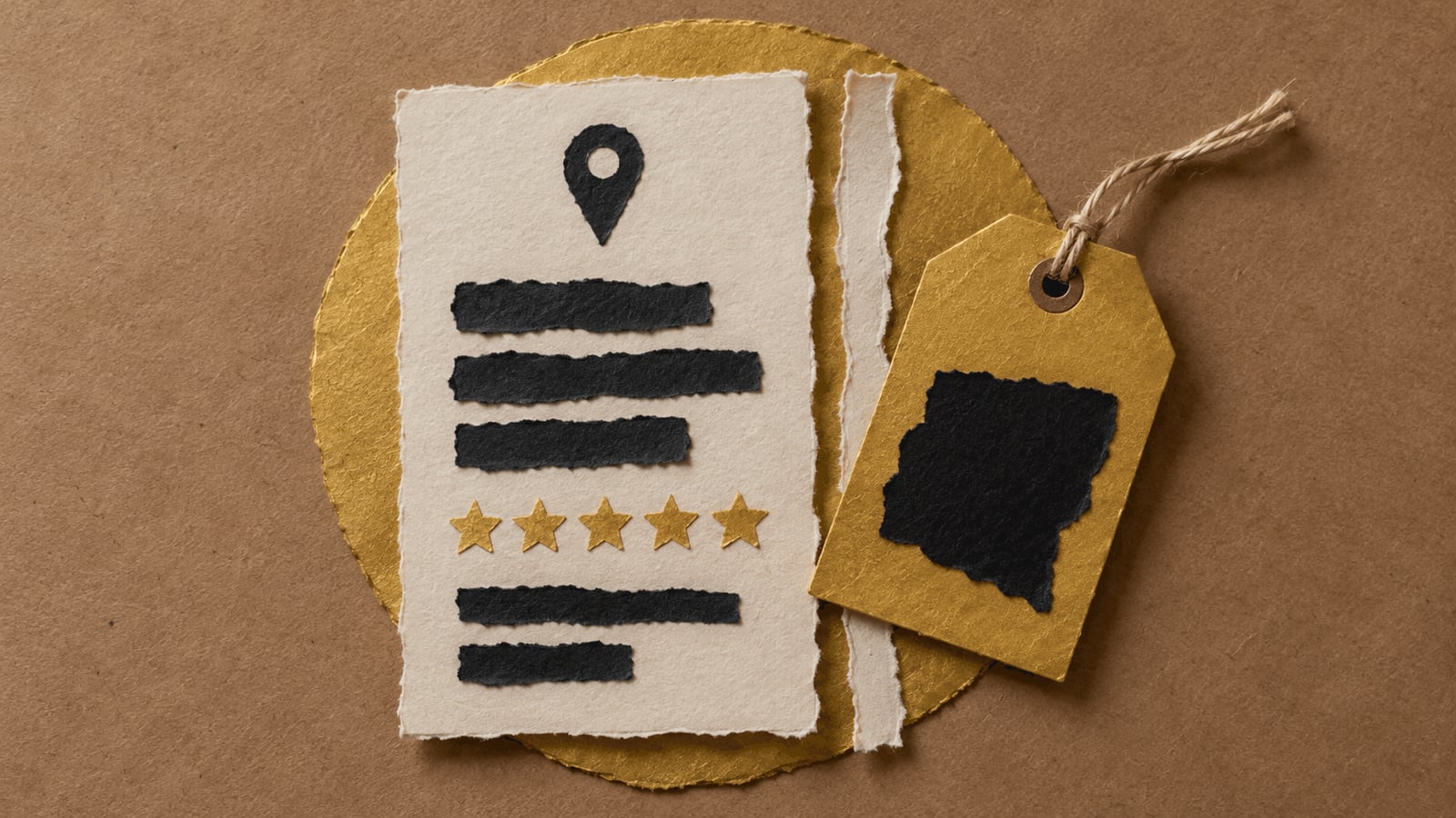 Colagem de papel de uma ficha de empresa local com uma etiqueta de oferta colada ao lado, sobre onde publicar promoção no Google Meu Negócio