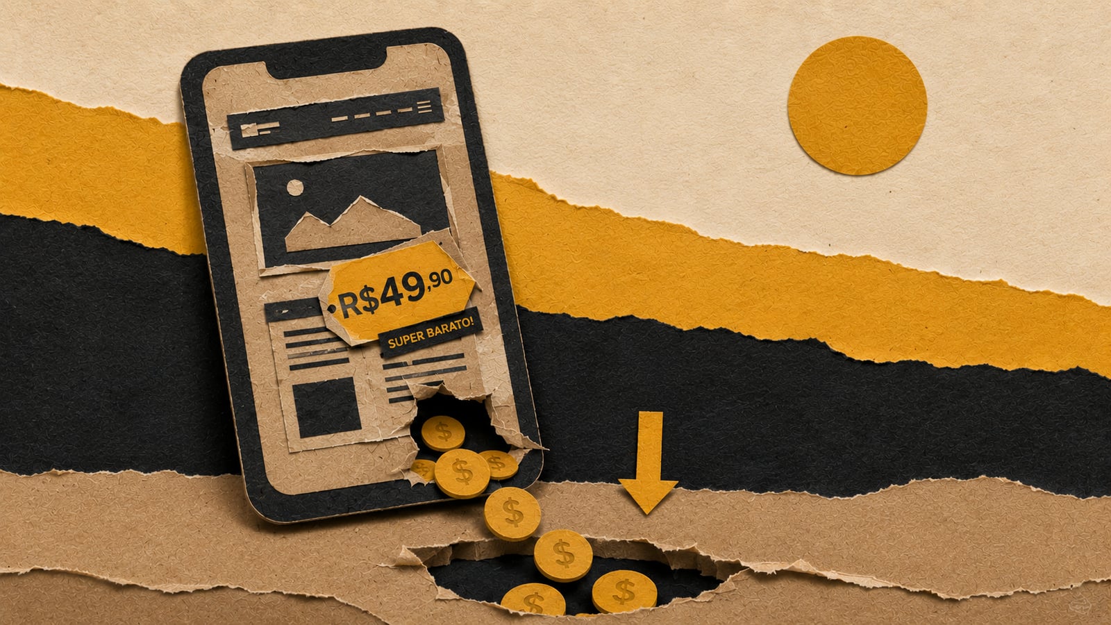 Colagem de papel de um celular com site barato e moedas caindo por um buraco, sobre quanto um site barato faz você perder