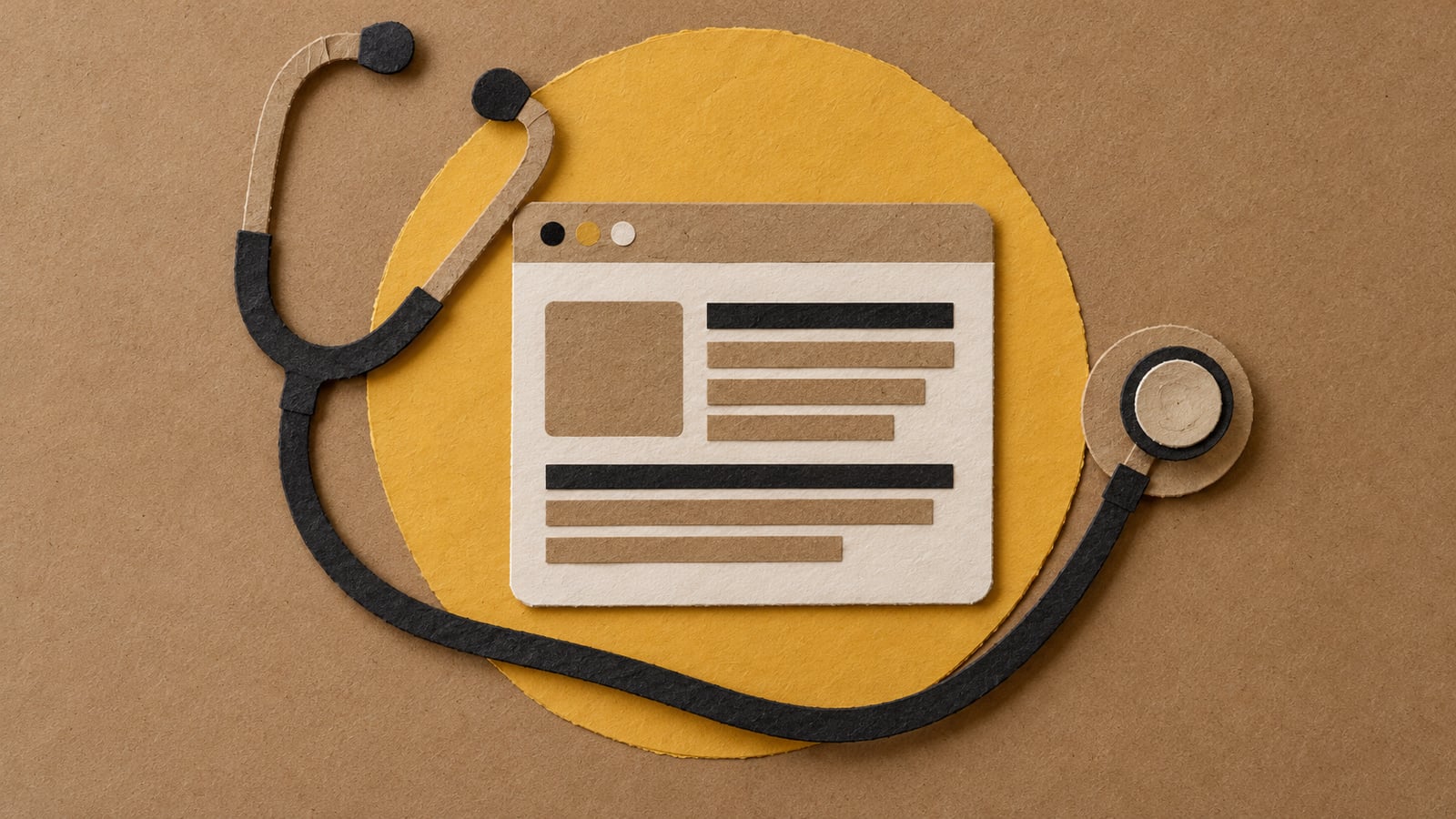 Colagem de papel rasgado com um estetoscópio de papel kraft enrolado em volta de uma janela de navegador recortada em papel off-white, sobre um círculo amarelo dourado e fundo marrom kraft, ilustrando o que um site para médico precisa ter