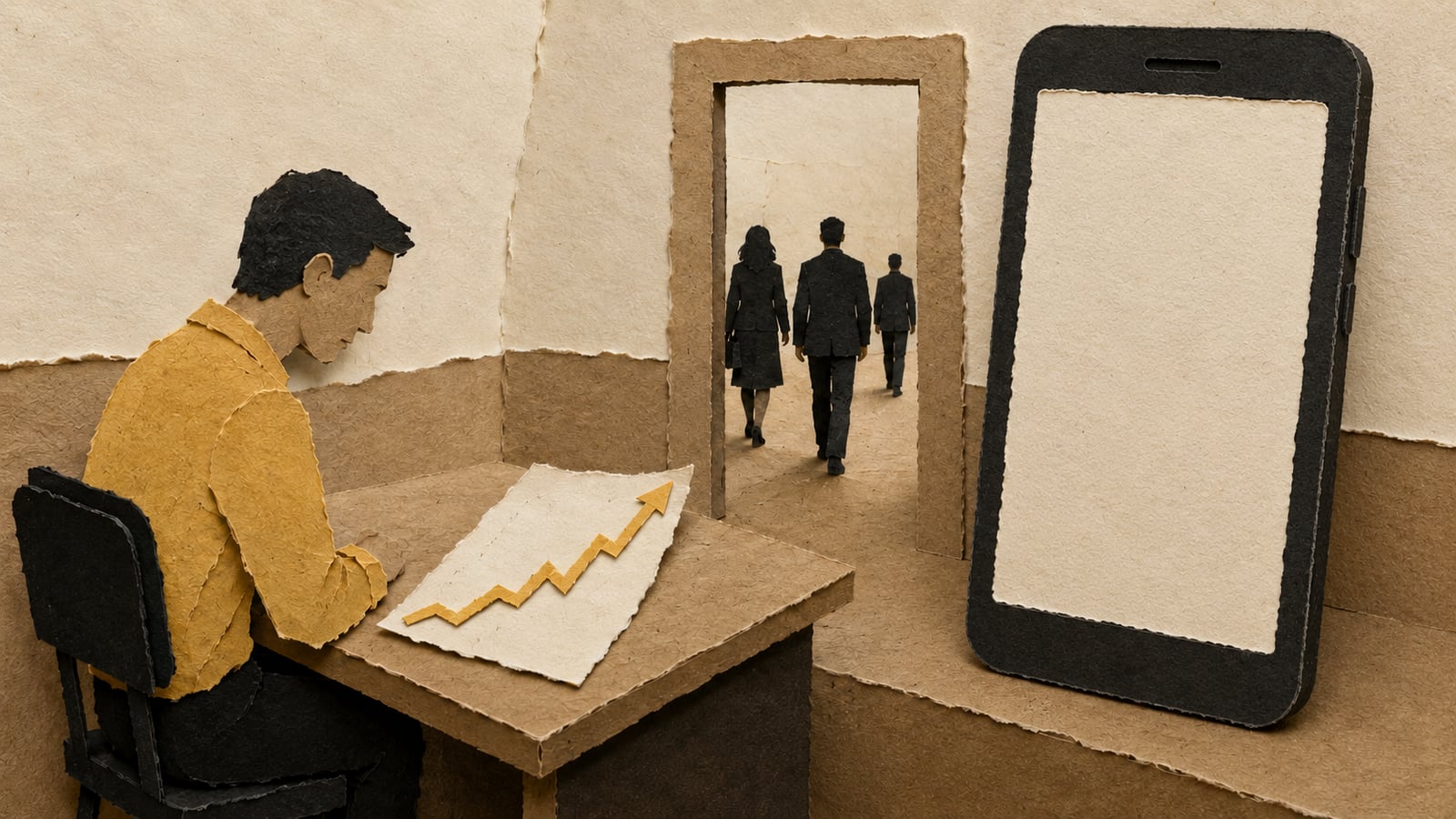 Colagem de papel de um dono de negócio olhando um gráfico de visitas em alta enquanto clientes vão embora pela porta e o celular segue sem nenhuma mensagem, sobre por que o site não gera contatos